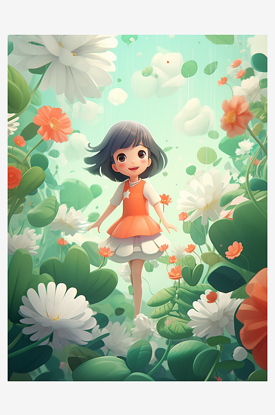 春天盛开的鲜花与小女孩插画
