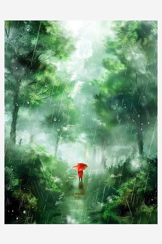 春天山中烟雨插画