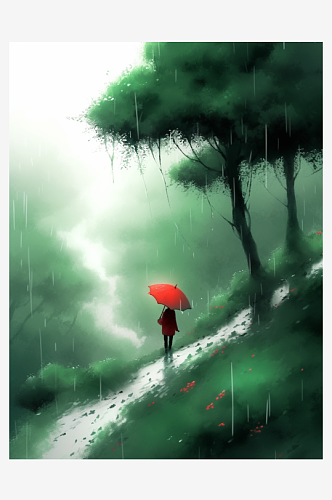 春天山中烟雨插画