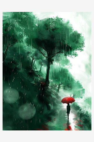 春天山中烟雨插画