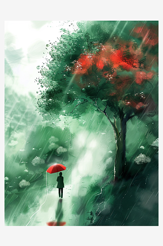 春天山中烟雨插画