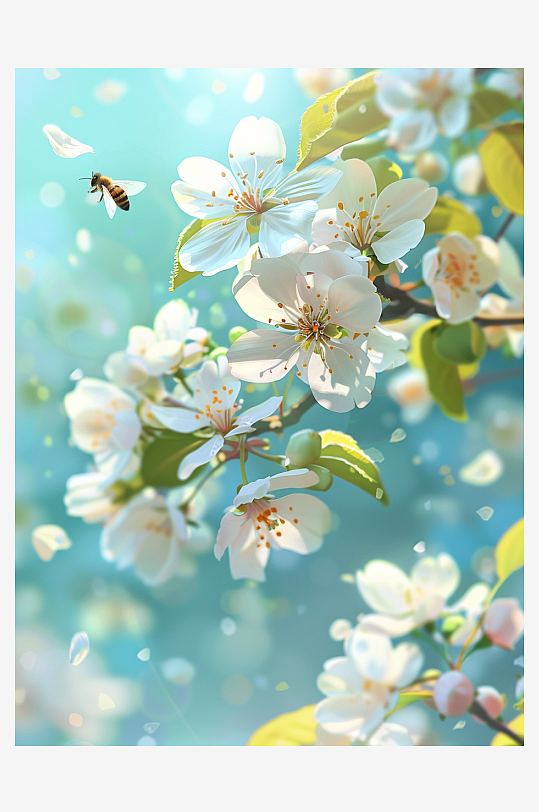 梨花树盛开与蜜蜂摄影图