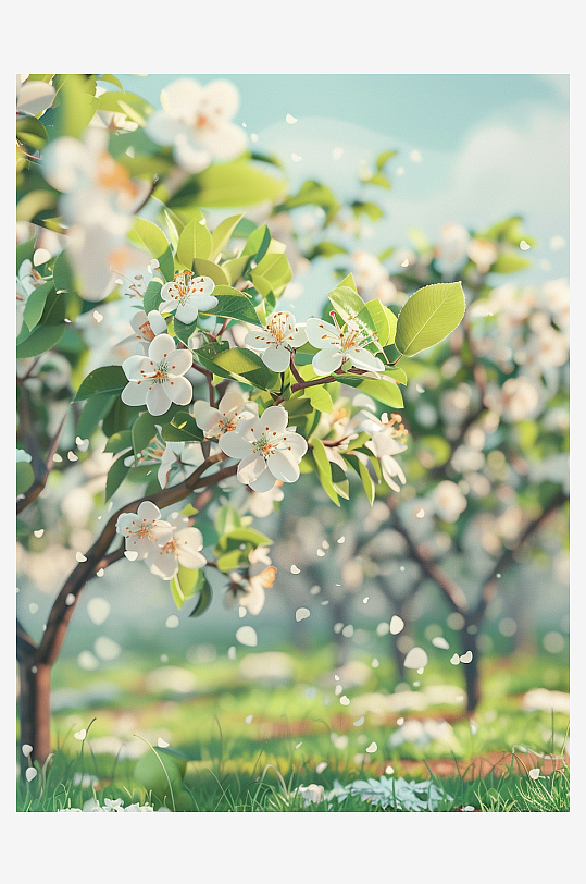 梨花树盛开与蜜蜂摄影图