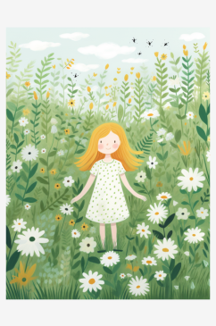春天站在鲜花中的小女孩插画
