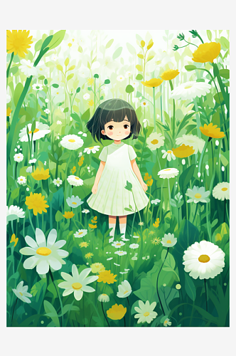 春天站在鲜花中的小女孩插画