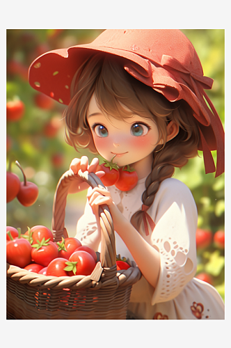 春天草莓苹果采摘女孩3D插画