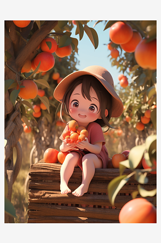 春天草莓苹果采摘可爱小女孩3D插画