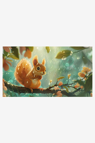 春天雨后可爱的小松鼠插画