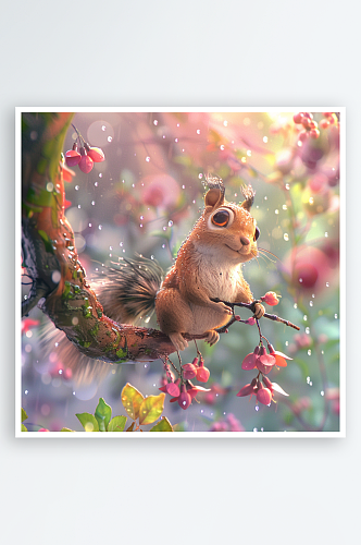 春天雨后可爱的小松鼠插画