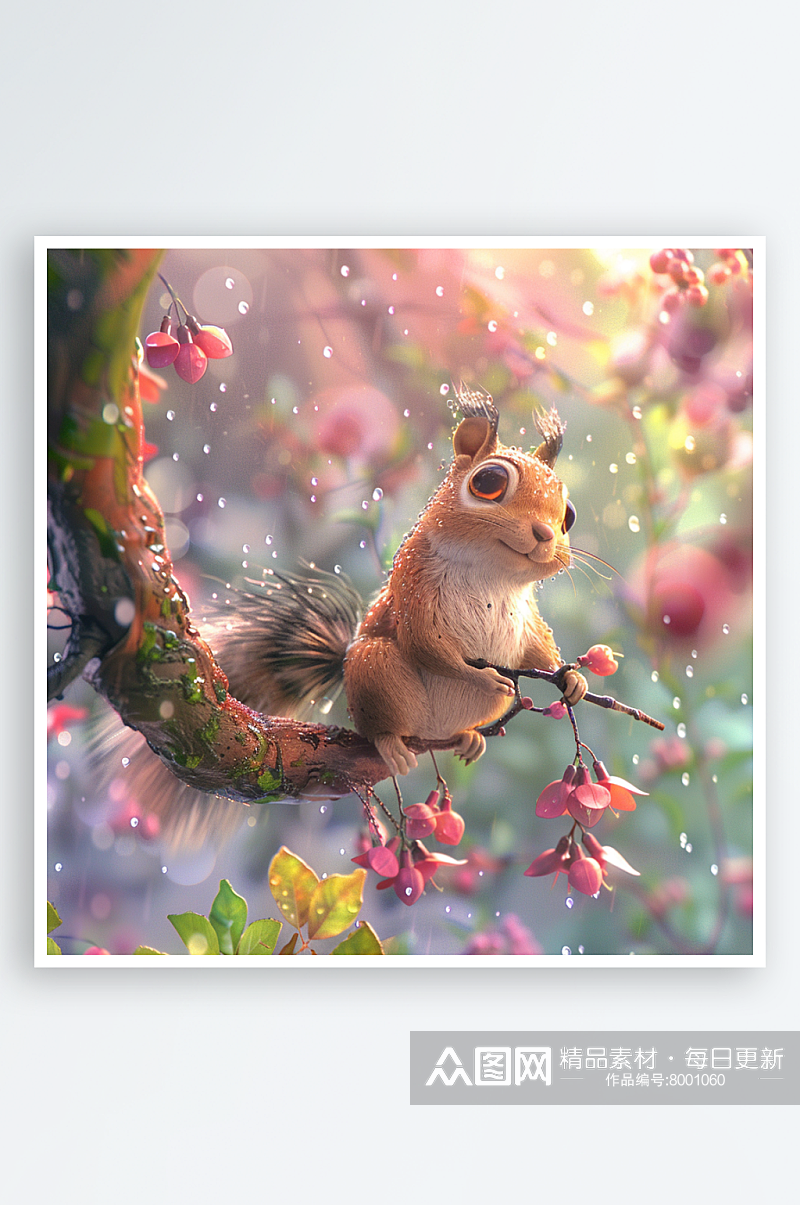 春天雨后可爱的小松鼠插画素材