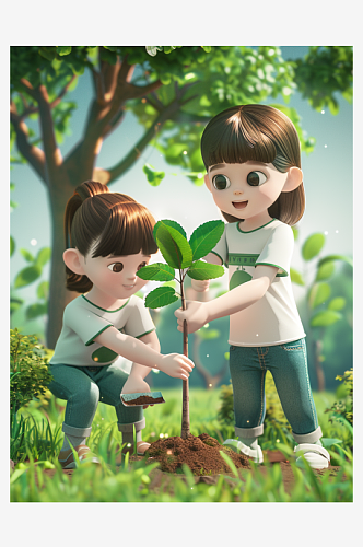 植树造林爱护地球3D人物
