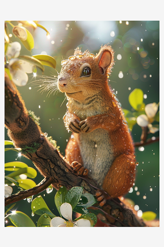 春天小雨松鼠站在树枝上3D场景