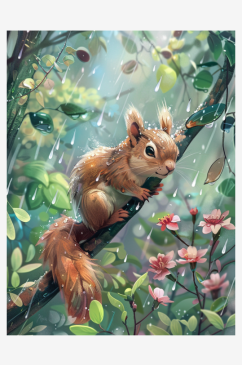 春天小雨松鼠站在树枝上3D场景