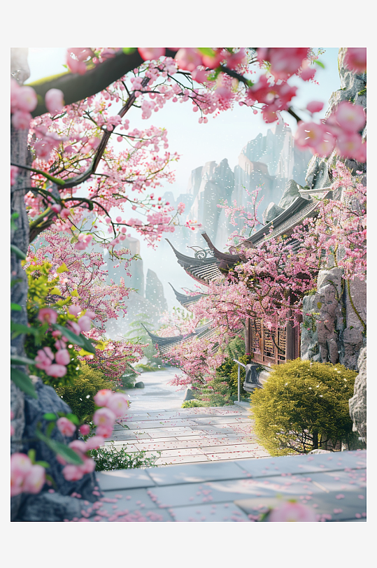 春天中国风乡村风景插画手机壁纸