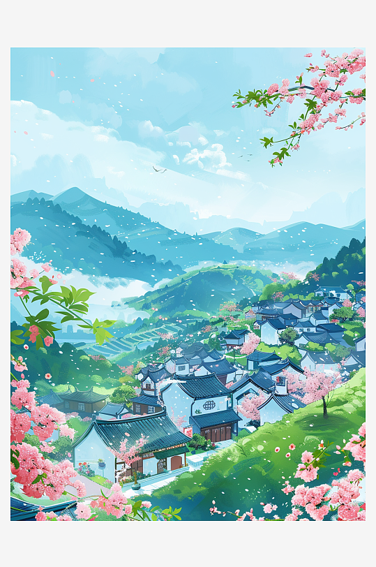 春天中国风乡村风景插画手机壁纸