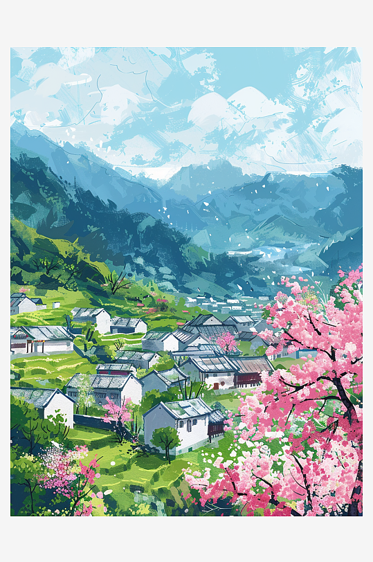 春天中国风乡村风景插画手机壁纸
