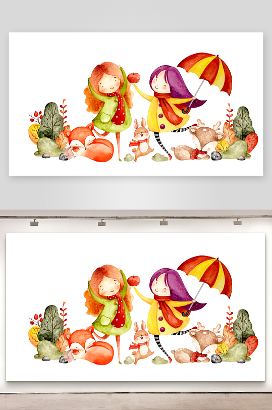 可爱森林小动物与跳舞的女孩插画