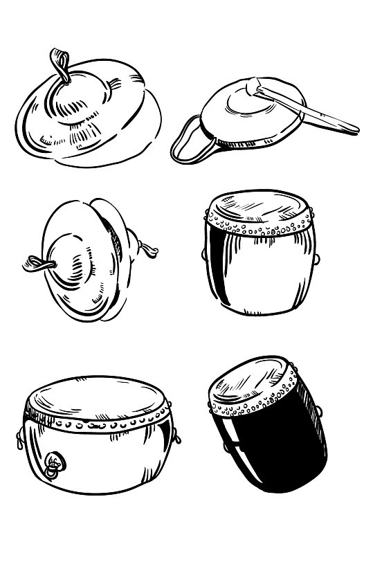 锣鼓卡通黑白手绘