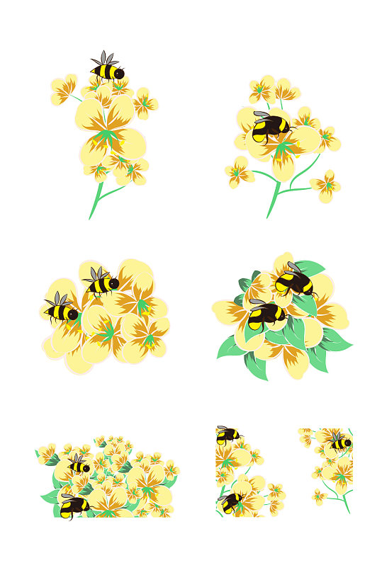 蜜蜂采蜜油菜花插画
