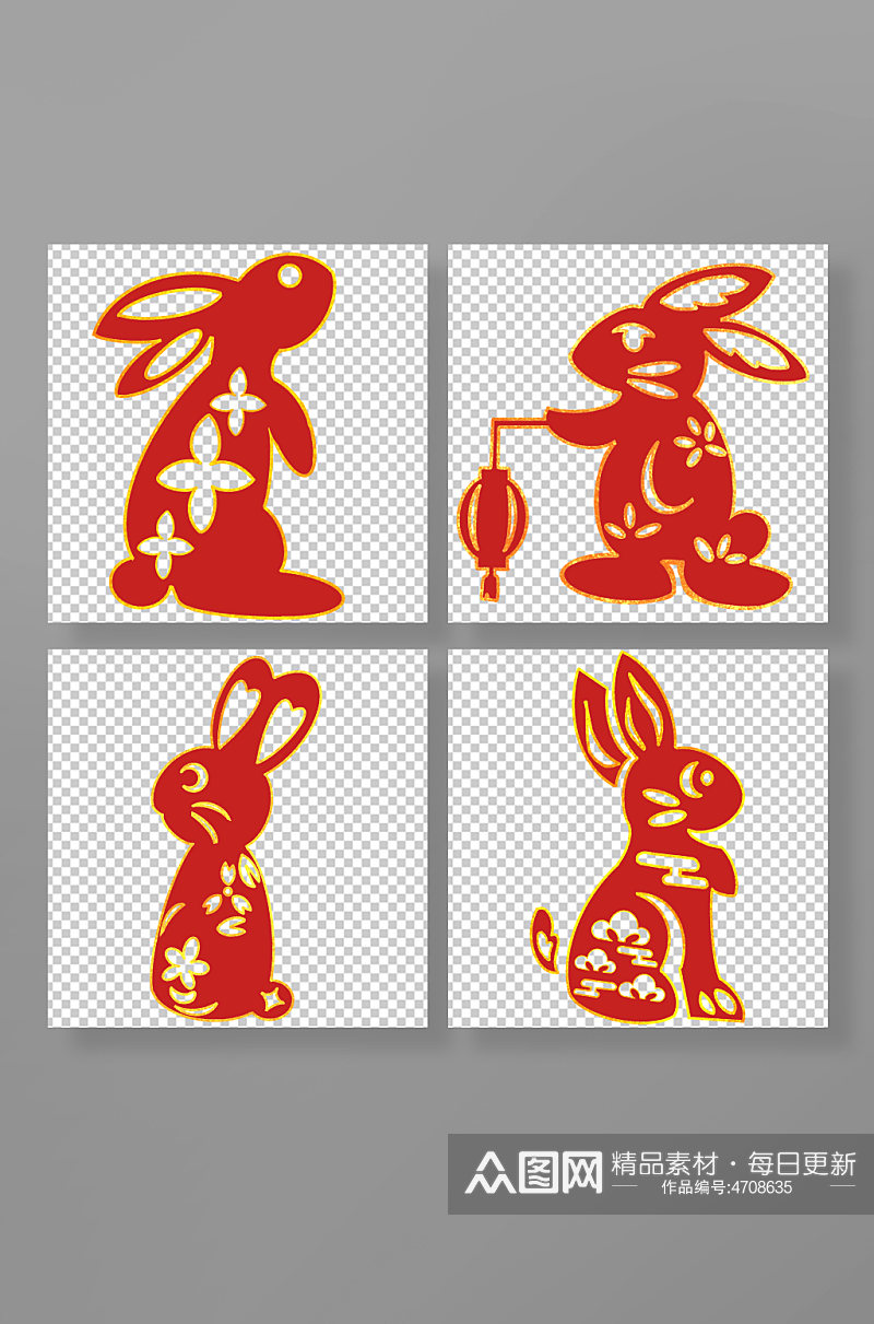 福兔贺春中国风兔年兔子剪纸插画素材