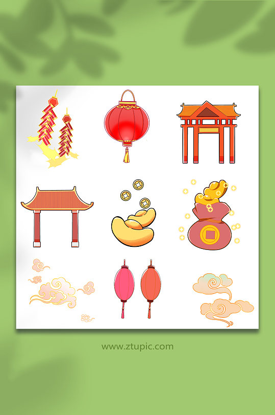 鞭炮灯笼庙会元宝祥云新年春节元素插画-众图网