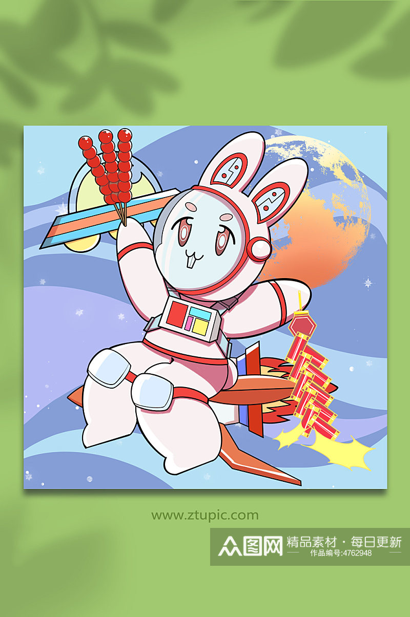 扁平化吃糖葫芦放鞭炮的宇航员兔年插画素材