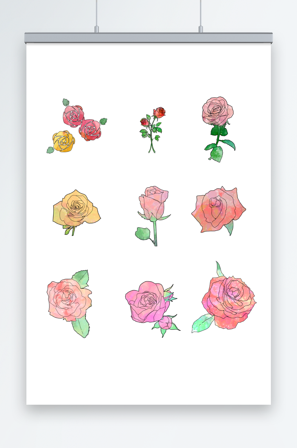 浪漫玫瑰手绘鲜花玫瑰花插画元素素材