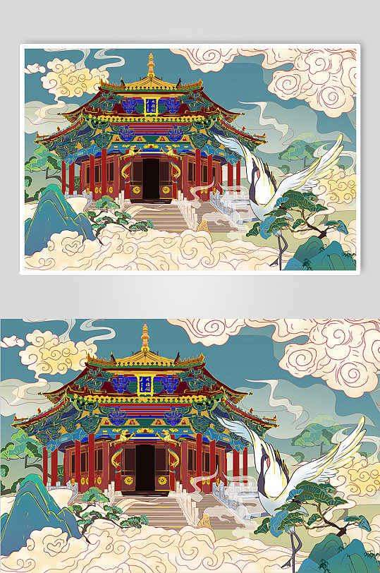 沈阳故宫大政殿城市地标建筑插画-众图网