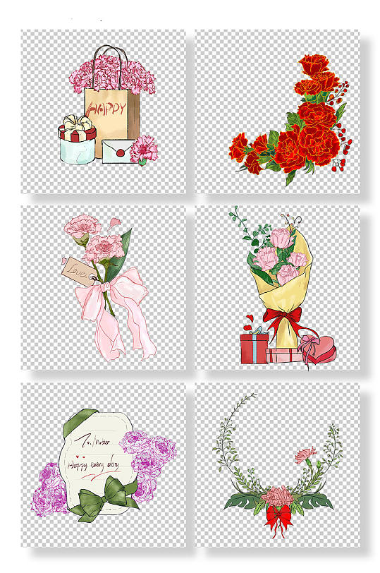 红色花束康乃馨鲜花花卉元素插画-众图网