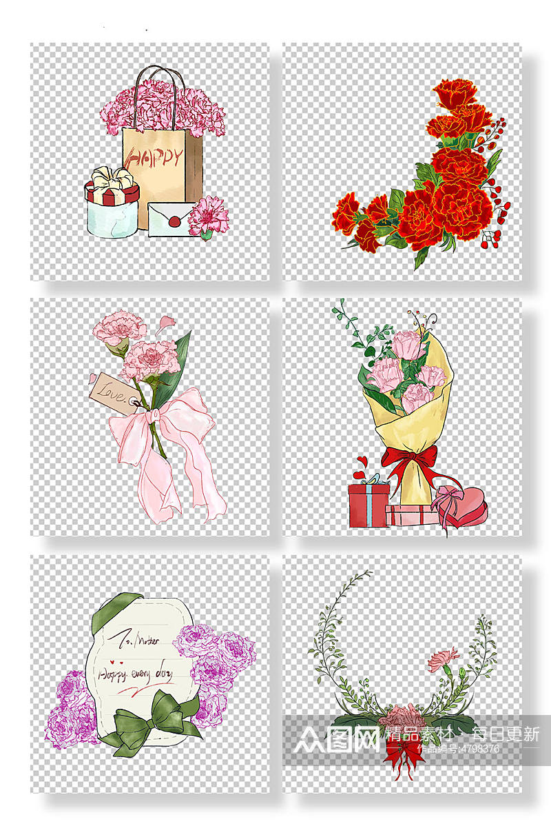 红色花束康乃馨鲜花花卉元素插画素材