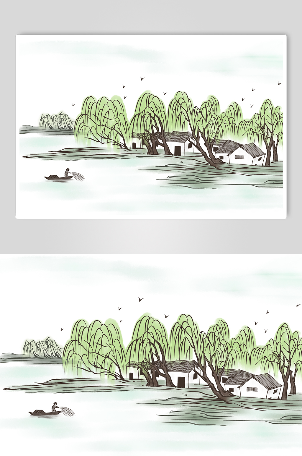 杨柳依依中国风水墨画春季风景插画素材