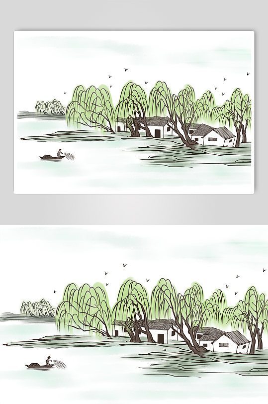 杨柳依依中国风水墨画春季风景插画-众图网