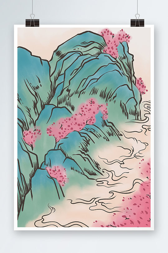 山色桃花中国风水墨画春季风景插画