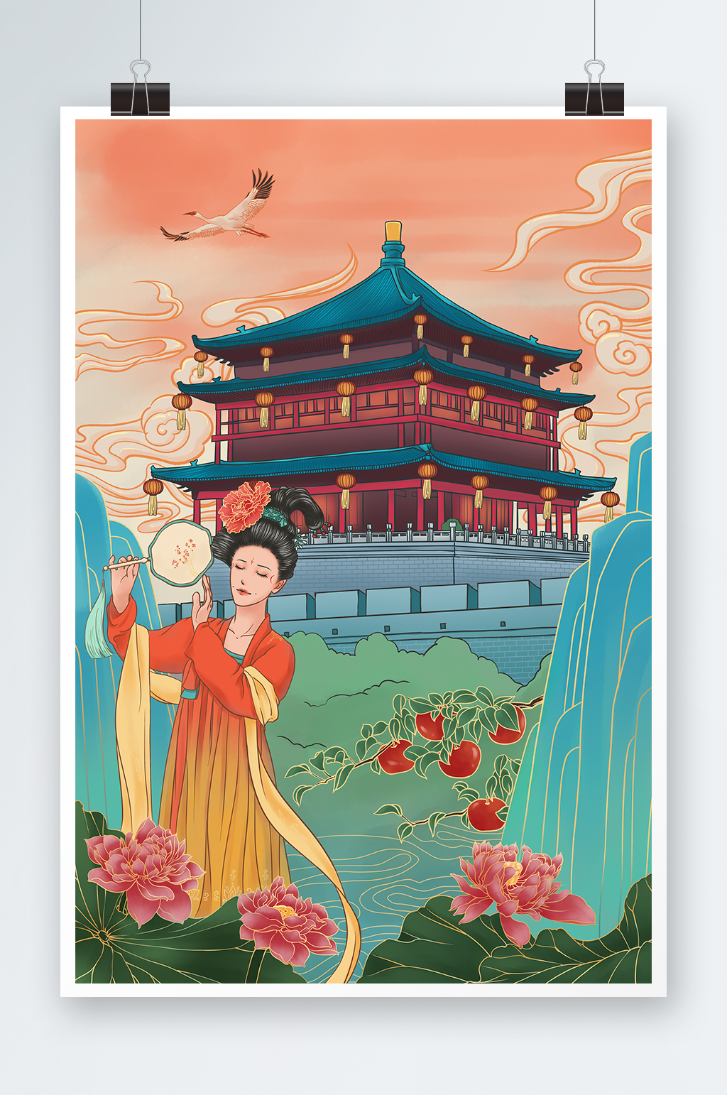 古风美女陕西西安风景旅游城市插画素材