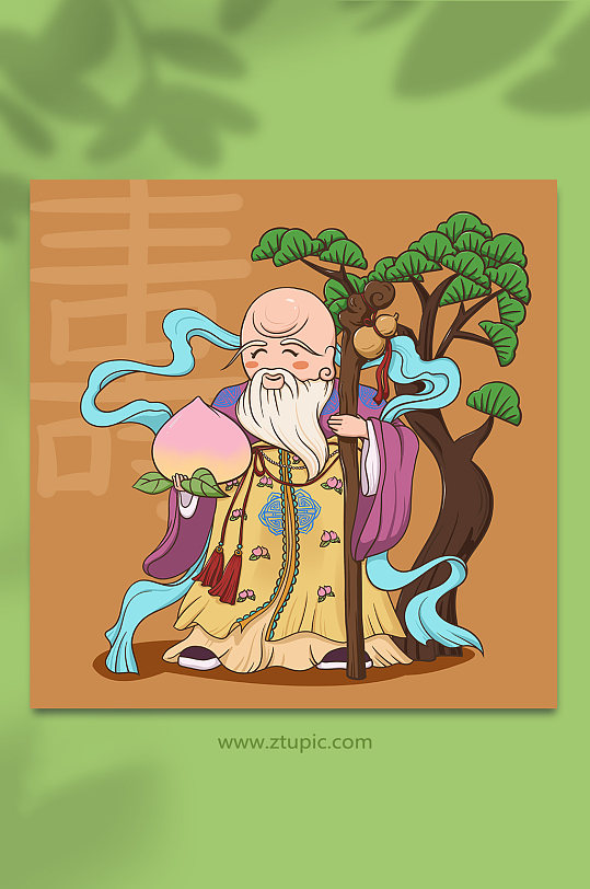 国潮风寿星门神人物插画-众图网