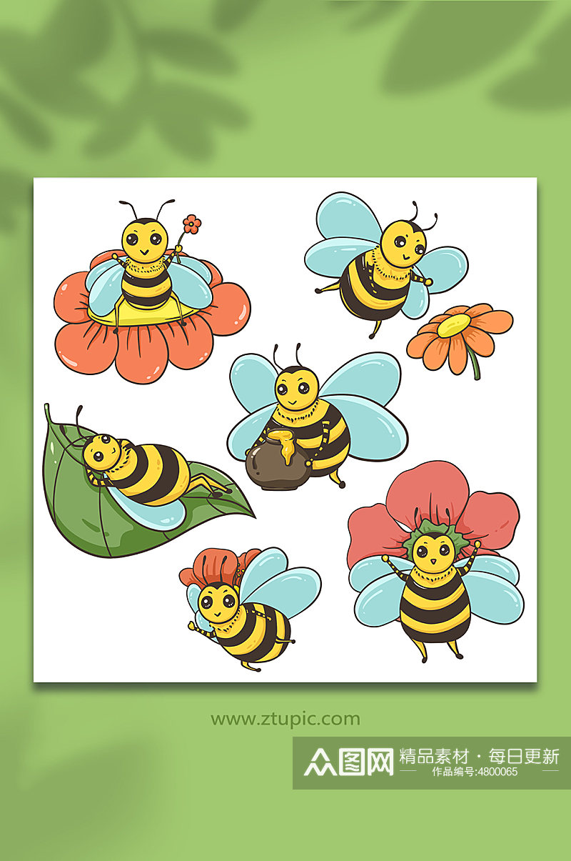 可爱春天采蜜蜜蜂昆虫元素插画素材