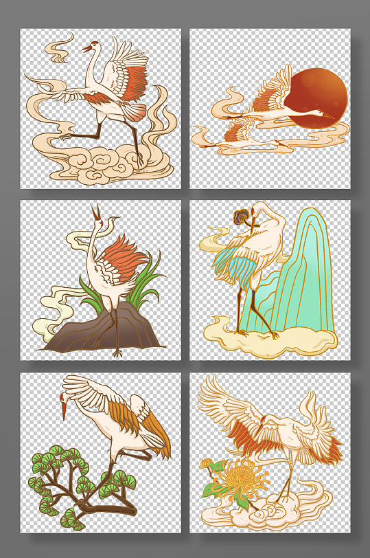 大气唯美红日祥云国潮仙鹤元素插画-众图网