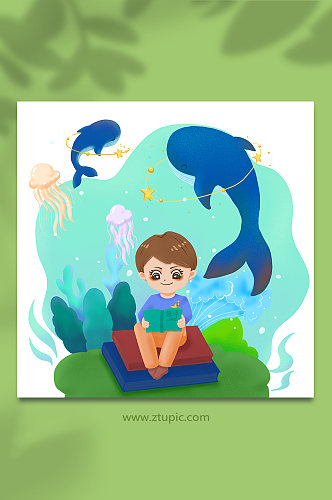 儿童读书阅读图书书海人物插画