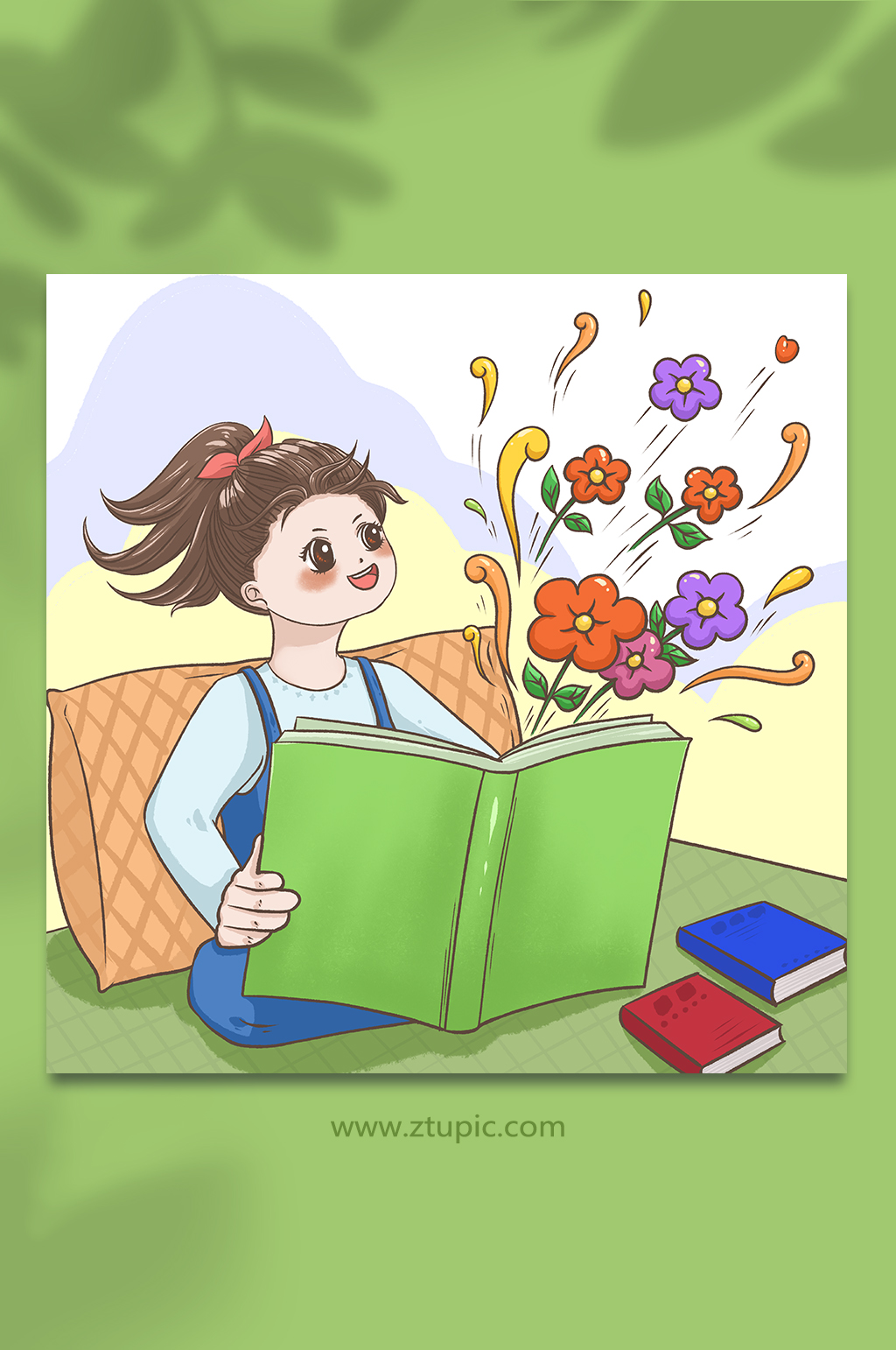 可爱儿童阅读读书图书人物插画素材