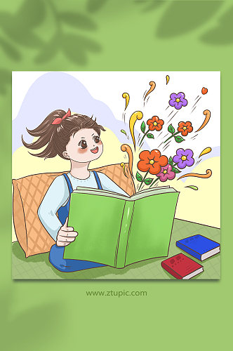 可爱儿童阅读读书图书人物插画