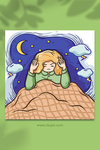 卡通女孩失眠焦虑人物插画