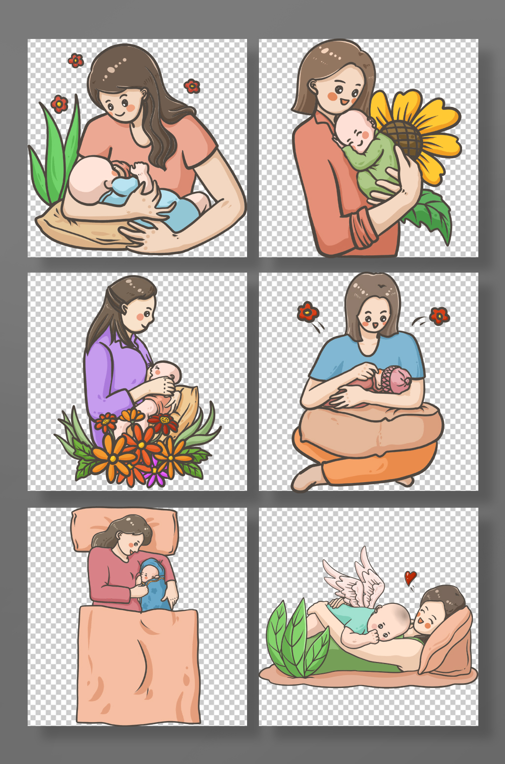卡通母乳喂养可爱元素插画素材