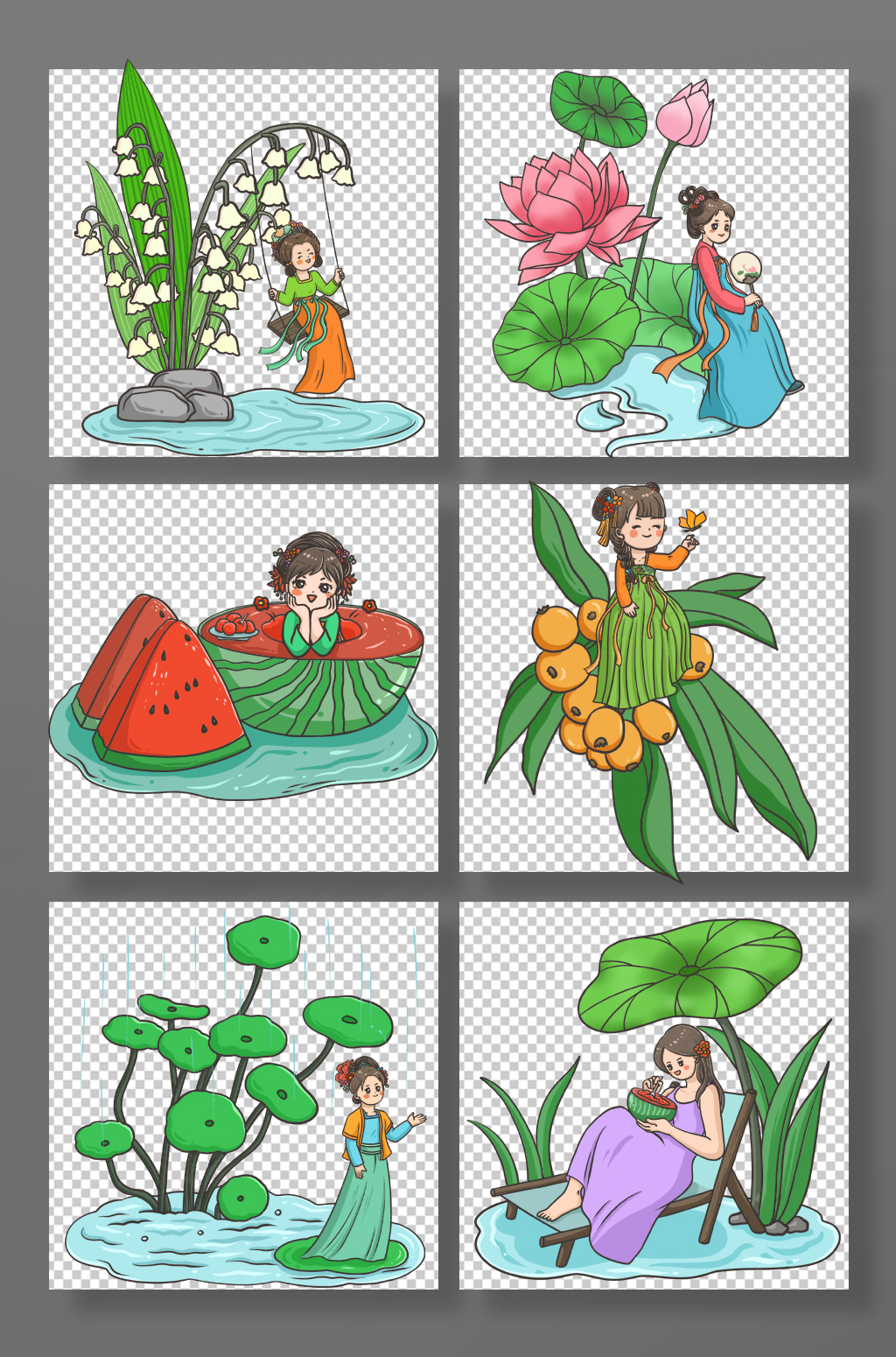 唯美立夏节气夏季人物元素插画素材