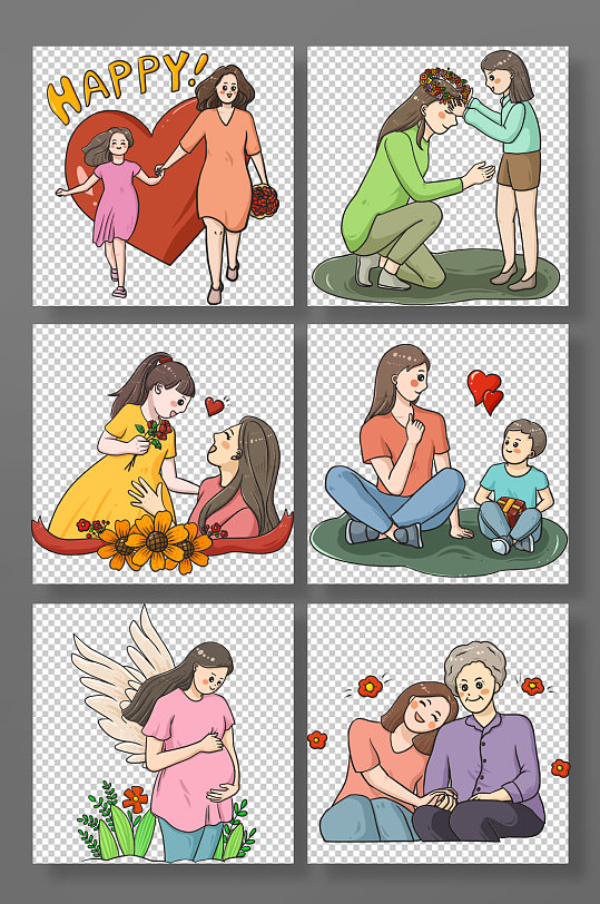 母亲节亲子互动人物元素插画-众图网
