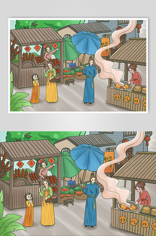 中国风美食古代古风热闹集市摊位人物插画