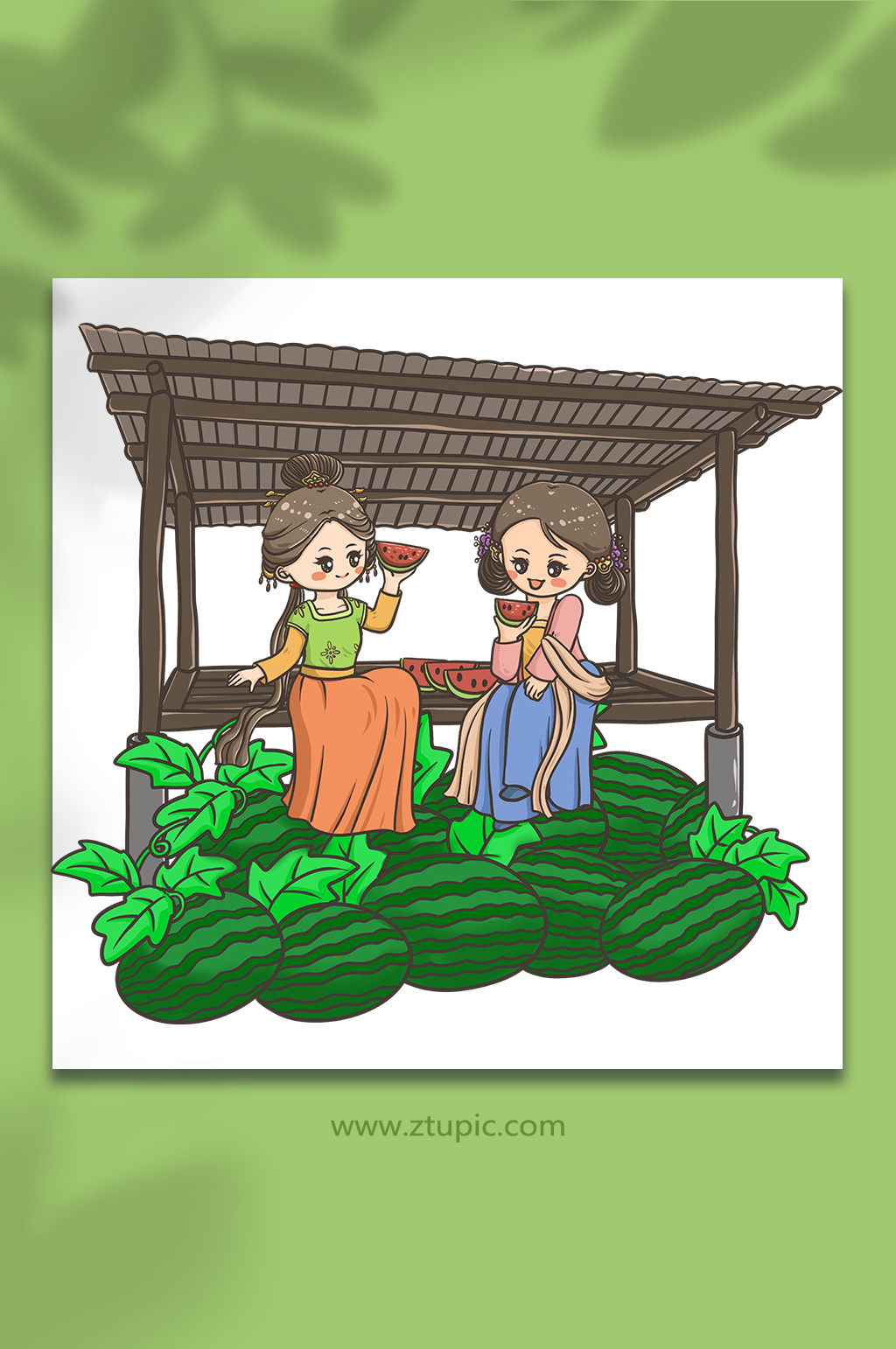 夏季小暑节气瓜棚吃瓜元素插画素材