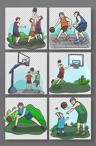 卡通户外打篮球运动人物元素插画