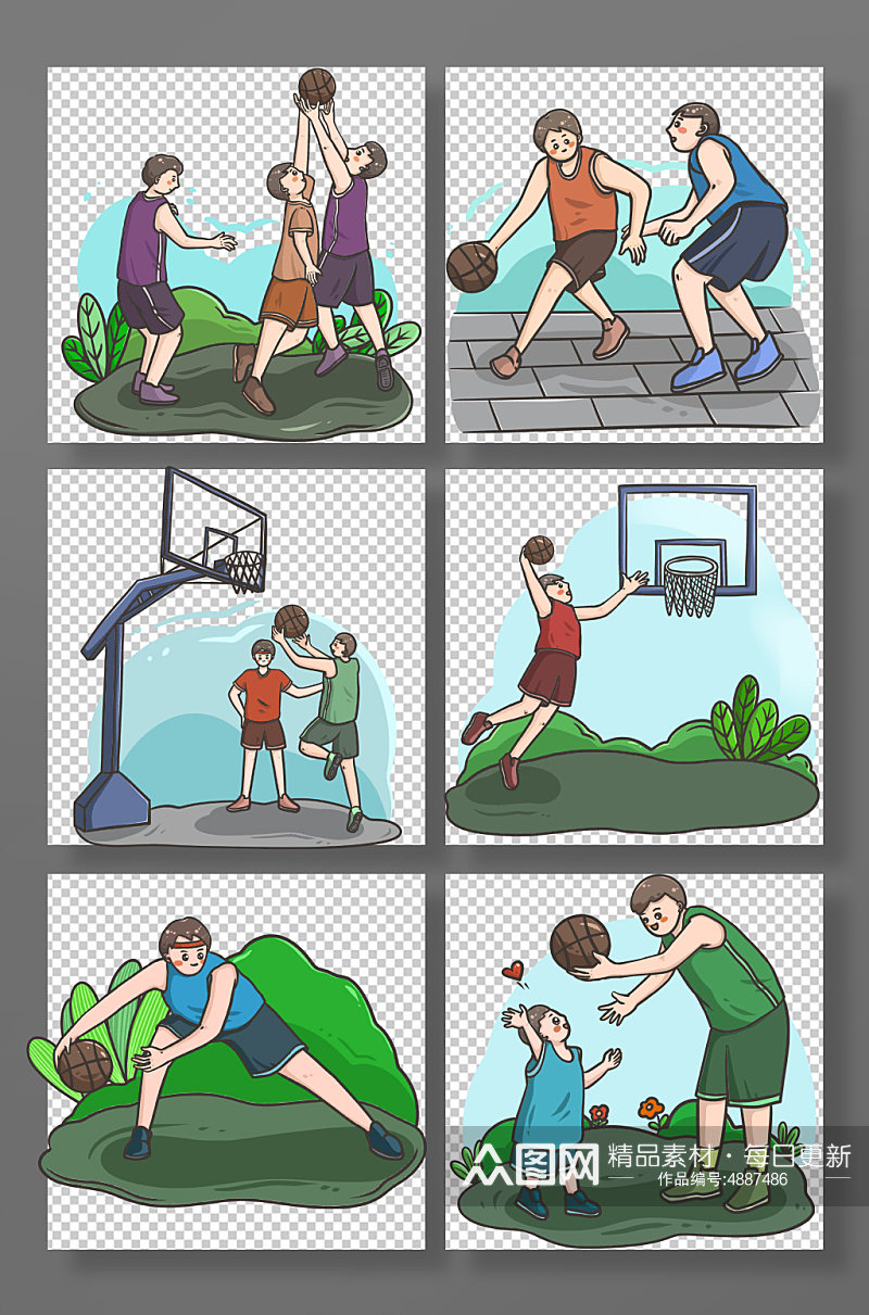 卡通户外打篮球运动人物元素插画素材