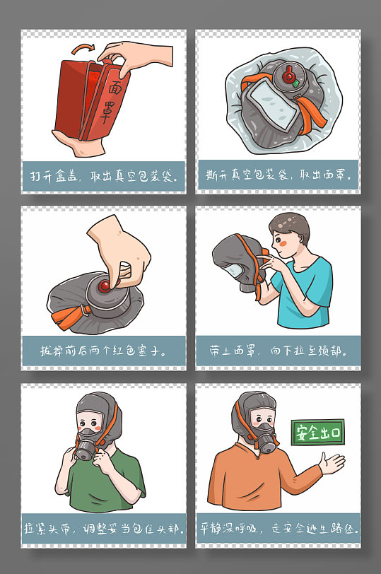 消防防毒防烟面罩使用方法漫画插画-众图网