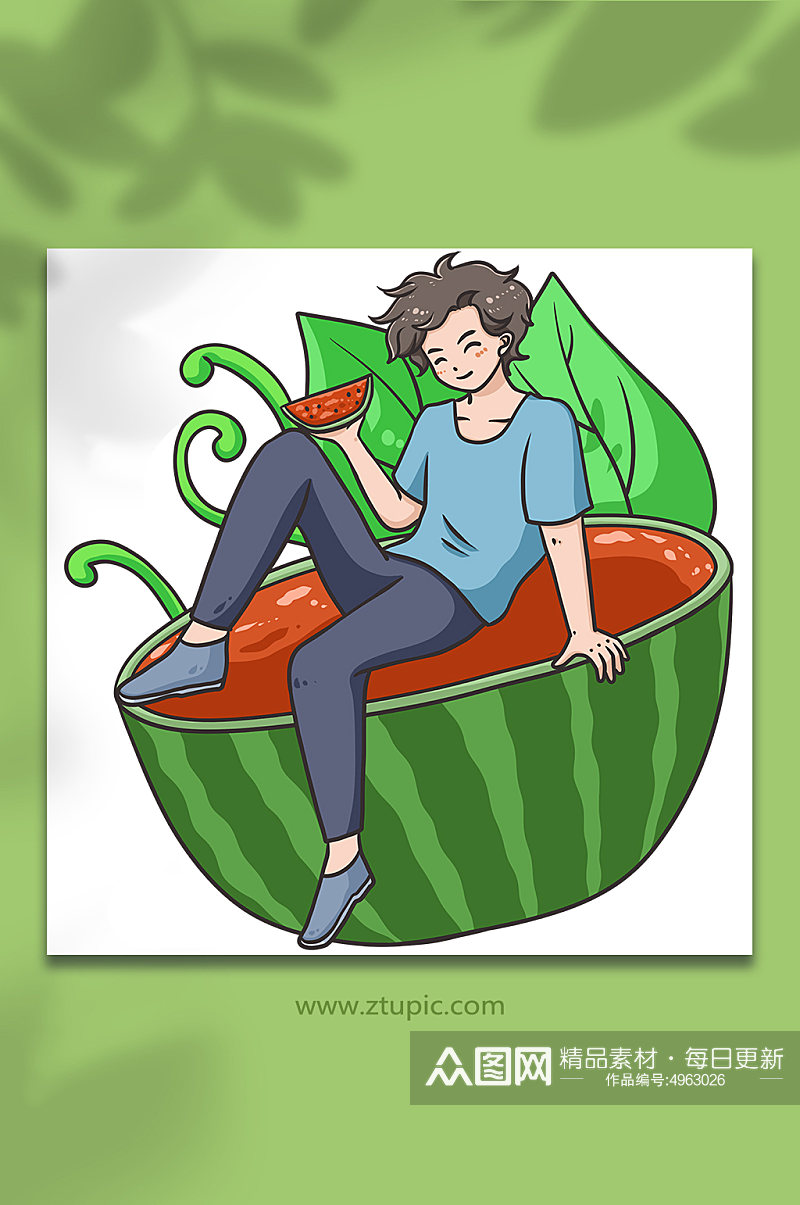 大暑节气夏季吃瓜可爱元素插画素材